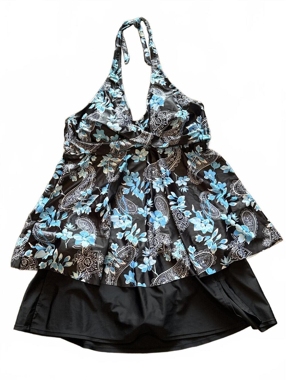 Women's Black and Blue Floral Print Halter Tankini Swimsuit Size 18W/ 2X